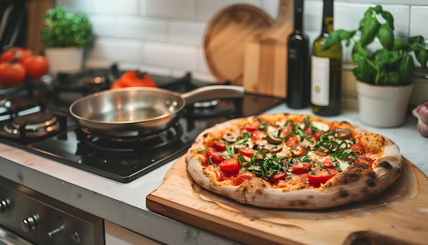 Foto pizza saborosa na mesa contra o fogão na cozinha