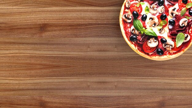 Pizza con salami y aceitunas publicidad fondo 3D renderizado