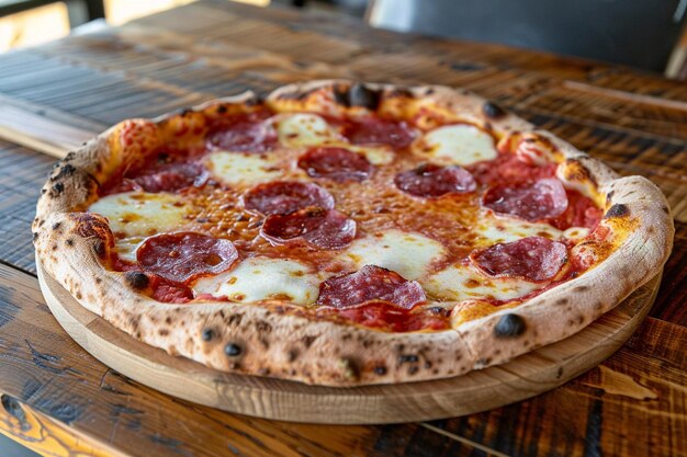 Pizza con salami y queso mozzarella sobre tabla de madera