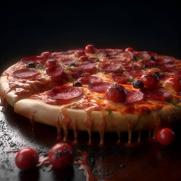 Pizza con salami y tomates cherry sobre fondo negro