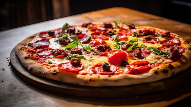 una pizza con salchicha de pepperoni y albahaca sobre una tabla de madera