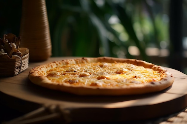 Una pizza con salsa amarilla se sienta en una mesa