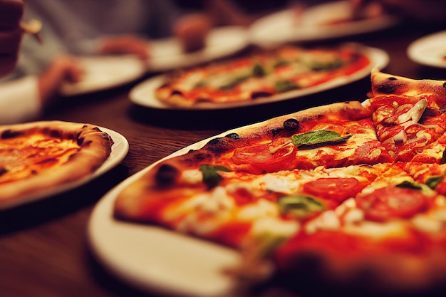 Foto pizza con salsa de crema queso tomates en platos en restaurante