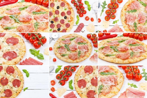 Pizza-Sammlung Collage Schinken Salami Prosciutto Lebensmittelzutaten