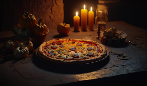 Una pizza sentada en la parte superior de una mesa junto a las velas