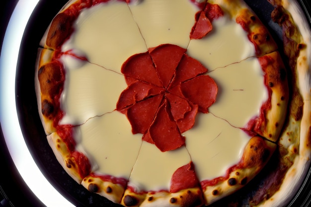 Una pizza sentada en la parte superior de una sartén cubierta de queso y coberturas