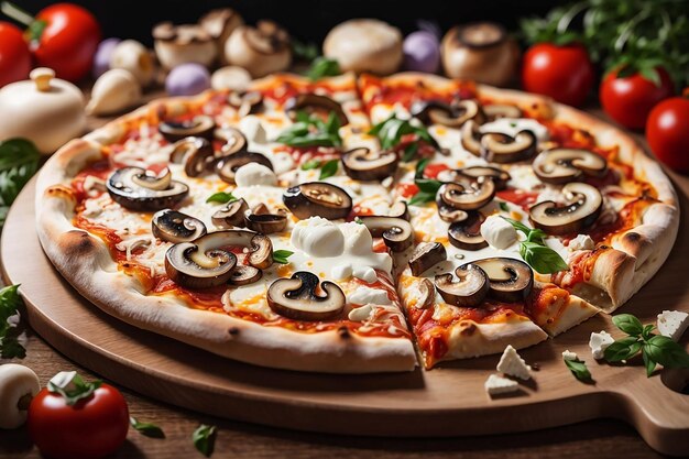 Una pizza servida con champiñones y queso en una mesa de madera en la cocina