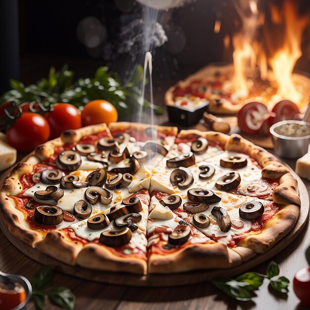 Una pizza servida con champiñones y queso en una mesa de madera en la cocina