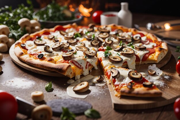 Una pizza servida con champiñones y queso en una mesa de madera en la cocina