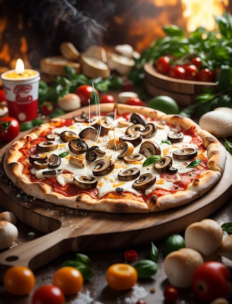 Una pizza servida con champiñones y queso en una mesa de madera en la cocina