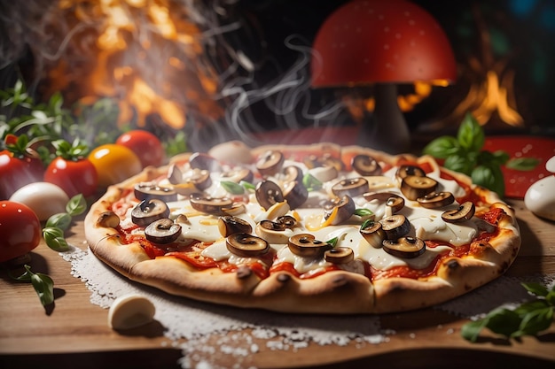 Una pizza servida con champiñones y queso en una mesa de madera en la cocina