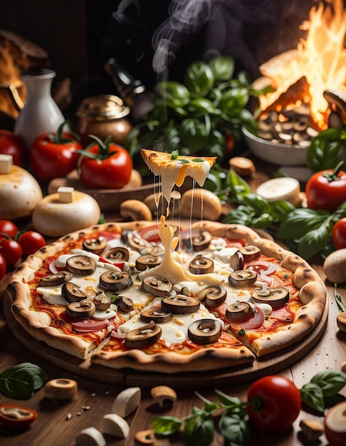 Foto una pizza servida con champiñones y queso en una mesa de madera en la cocina