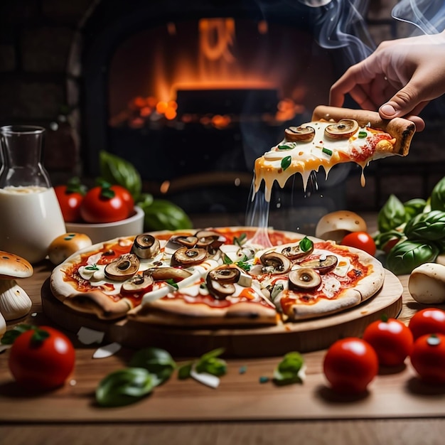 Una pizza servida con champiñones y queso en una mesa de madera en la cocina