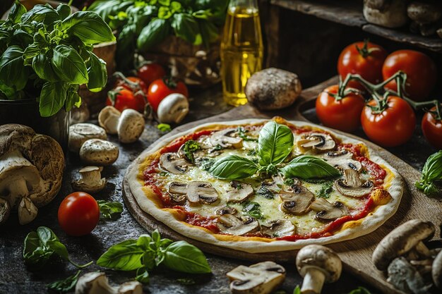 una pizza con setas y setas en una mesa de madera