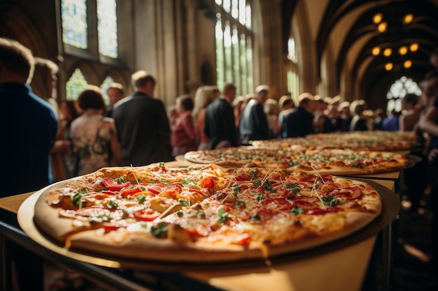 La pizza se sirve en una reunión de la iglesia Mejor fotografía de imágenes de pizza