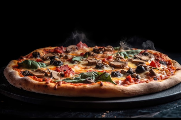 Pizza suculenta saborosa inteira no fundo preto ai gerado