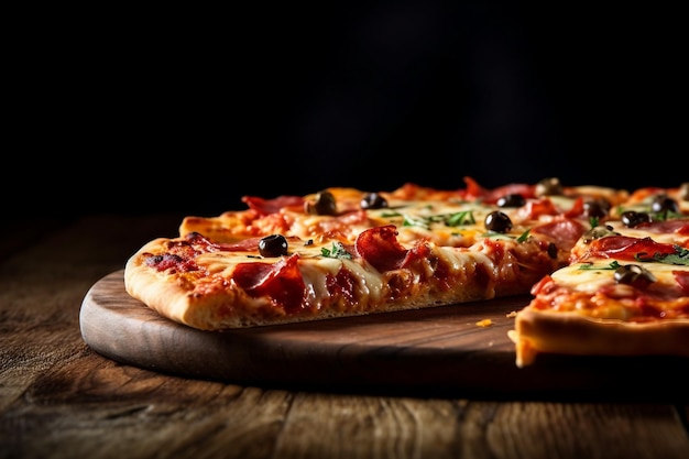 Una pizza en una tabla de madera con un fondo negro