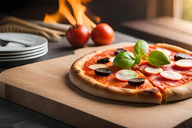 Pizza en una tabla de madera con fuego al fondo