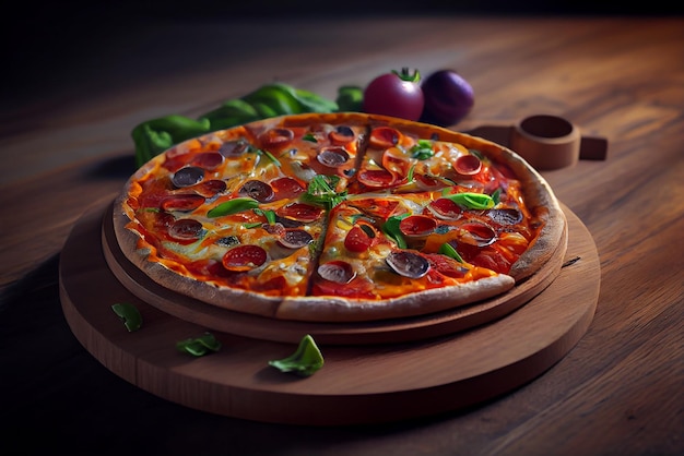 Pizza en tabla de madera Ilustración Generativa AI