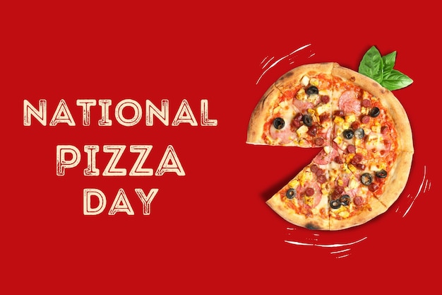 Pizza-Tag eine Pizza mit einer Ankündigung auf rotem Hintergrund
