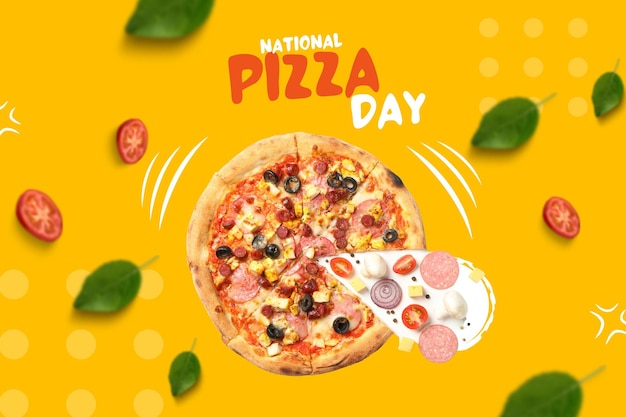 Pizza-Tag-Pizza mit Schnitten auf gelbem Hintergrund