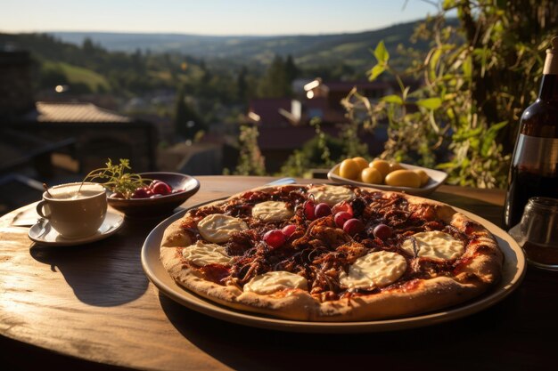 Foto una pizza de tarta de cerezas en un café al aire libre con vistas a las colinas generativas ia