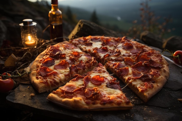 Una pizza de tocino en un picnic durante un día de caminata en la montaña generativa IA