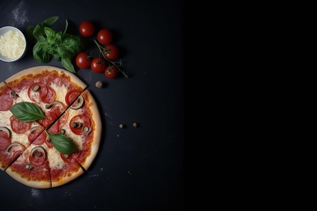 Una pizza con tomate y aceitunas encima