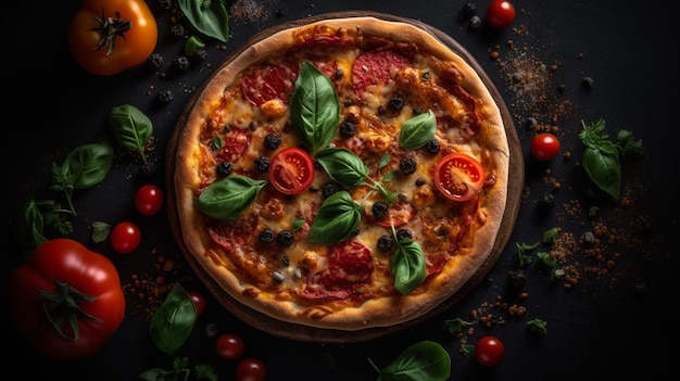 Una pizza con tomates y aceitunas en un fondo negro