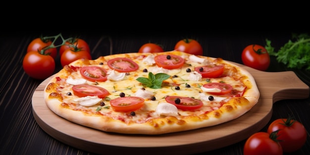 Una pizza con tomates y aceitunas sobre una mesa de madera.