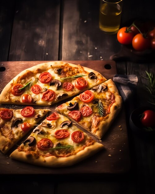 Una pizza con tomates y aceitunas en una tabla de madera.