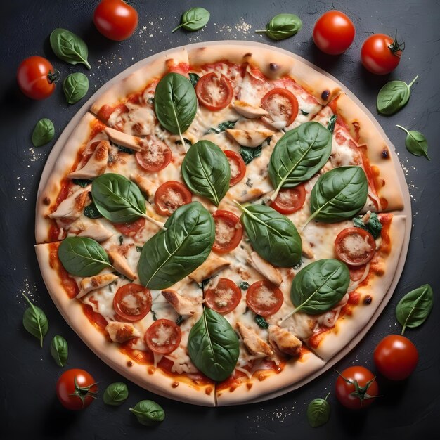 una pizza con tomates, albahaca y albahaca en ella