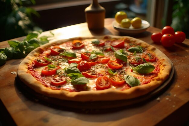Pizza con tomates y albahaca en ella
