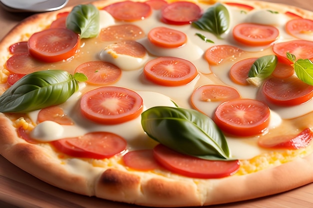 Una pizza con tomates y albahaca encima