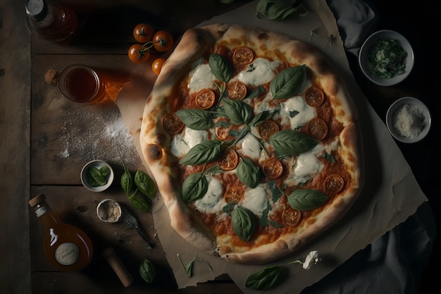 Una pizza con tomates y albahaca encima