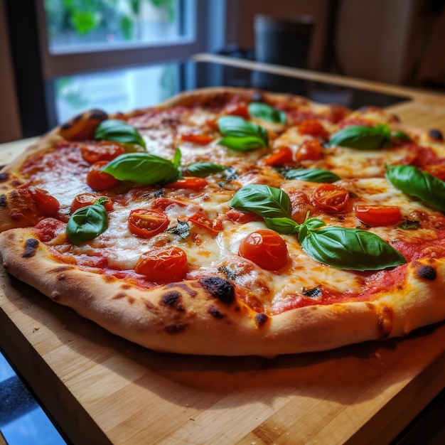 Una pizza con tomates y albahaca encima