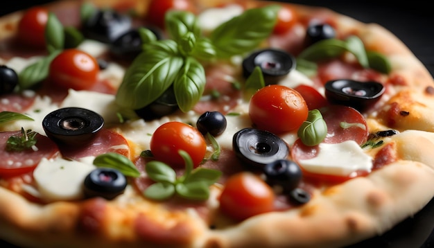 Una pizza con tomates cereza, aceitunas negras y queso mozzarella derretido en un plato negro