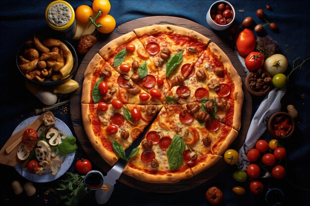 Una pizza con tomates, champiñones, tomates y otras verduras en una mesa
