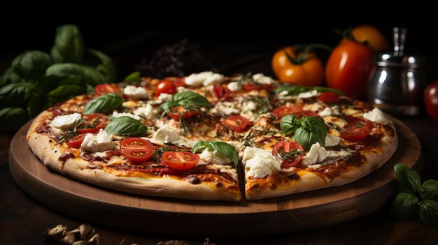 Pizza con tomates frescos de albahaca y queso mozzarella