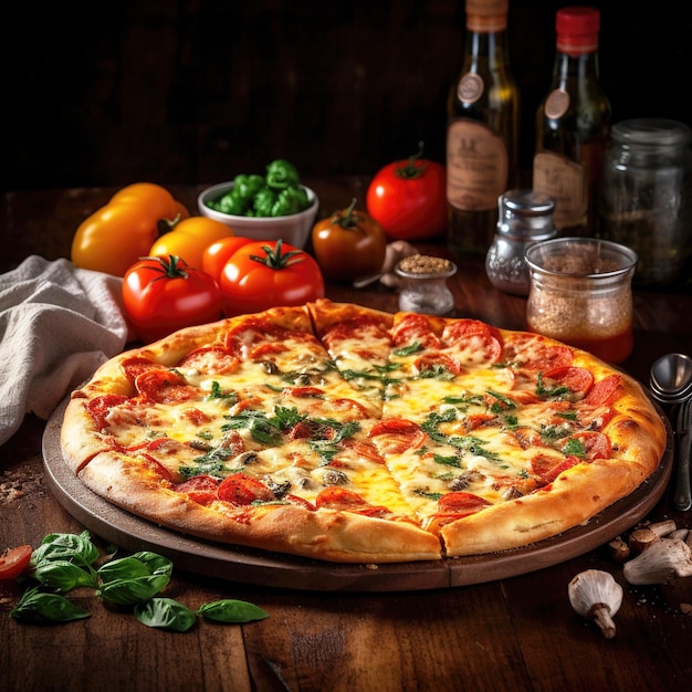 Pizza con tomates mozzarella y albahaca sobre fondo de madera IA generativa