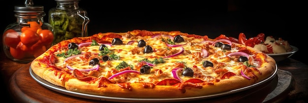Pizza con tomates mozzarella y albahaca sobre fondo de madera IA generativa