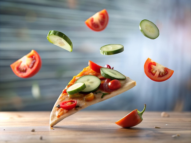 Foto una pizza con tomates y pepino en él está volando por el aire