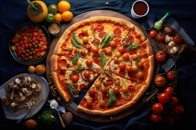 Una pizza con tomates, tomates y otras verduras sobre una mesa.