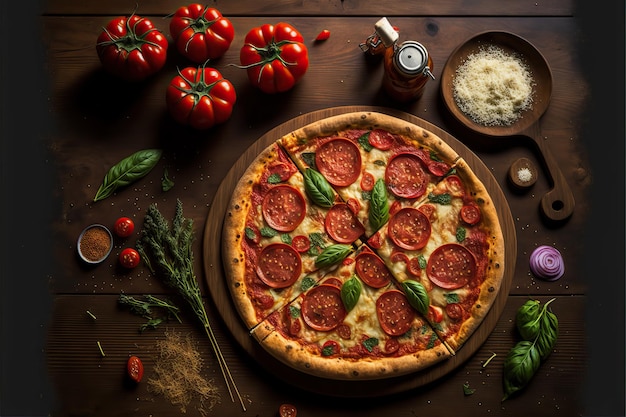 Pizza tradicional italiana de pepperoni con salsa de tomate y rúcula