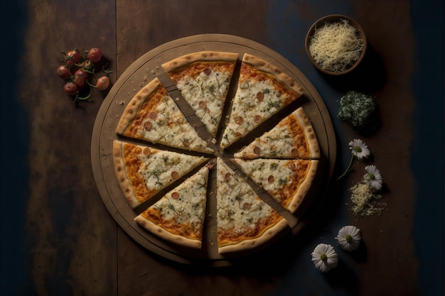 Pizza tradicional italiana de tomate con ajo y parmesano