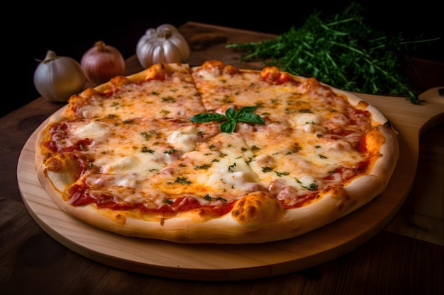 Pizza Um prato italiano popular que consiste em uma massa de pão achatada coberta com molho de tomate, queijo e várias coberturas Generative Ai