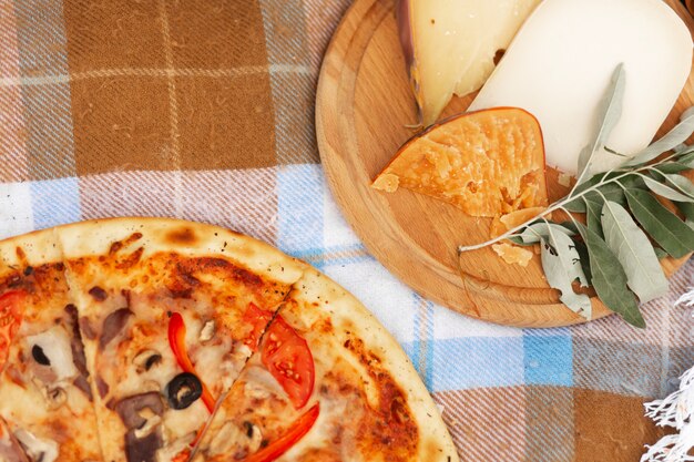 Pizza- und Käseplatte auf einer karierten Tagesdecke. Sommerpicknick