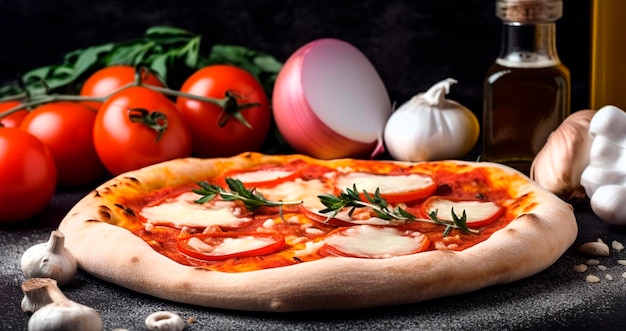 Pizza und Zutaten für die Pizzaherstellung auf schwarzem Betonhintergrund Generative KI
