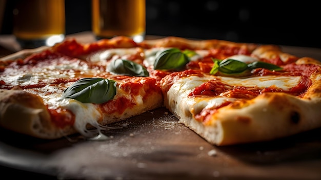 Una pizza con un vaso de cerveza de fondo.