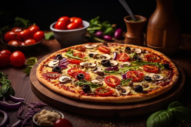 Pizza vegana com queijo e vegetais sem laticínios